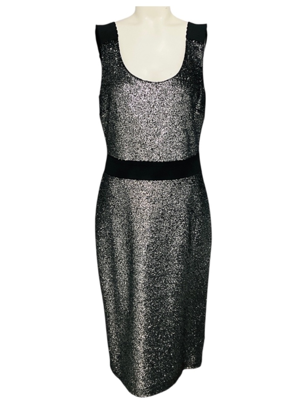 BOUTIQUE MOSCHINO SILVER METALLIC / BLACK ELASTIC BAND TRIM GLITTER LUREX SHEATH
